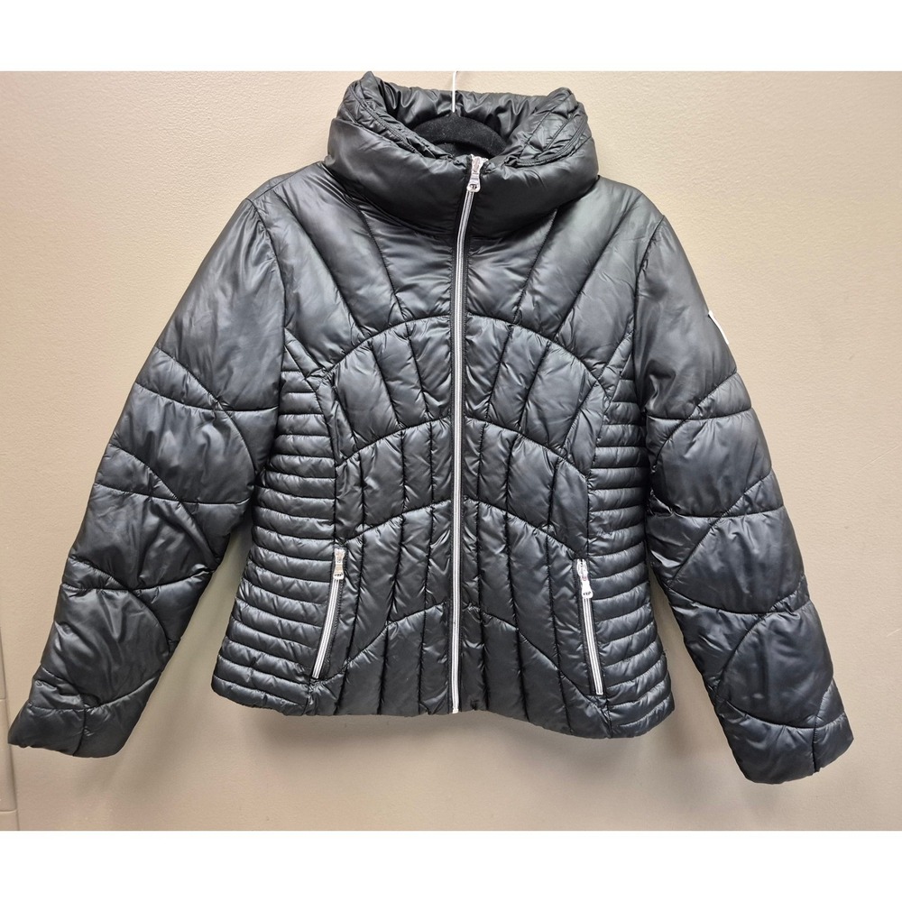 GUESS Puffer Jacket Women's L Black Glossy Quilted Zip Coat Logo Y2K